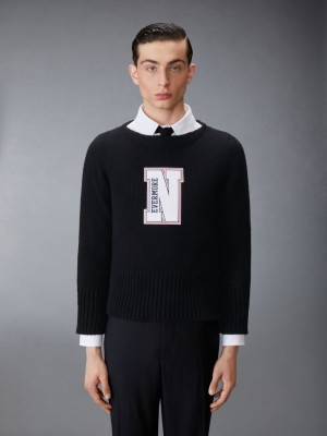 Thom Browne Chunky Merino Wool Nevermore Patch Boat Neck メンズ プルオーバー 黒 | SZB89T74655