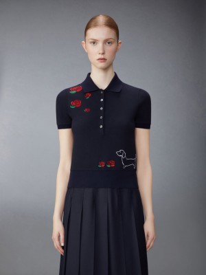 Thom Browne Classic Pique Hector & Rose Rib Cuff レディース ポロシャツ 青 | OYC52X29535