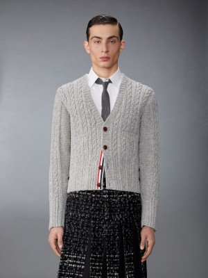 Thom Browne Irish Wool Handknit Cable Stitch Classic メンズ カーディガン グレー | BMM45J94133