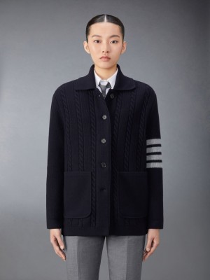 Thom Browne Merino Wool and Cotton 4-Bar Cable レディース コート 青 | DKF00V79631