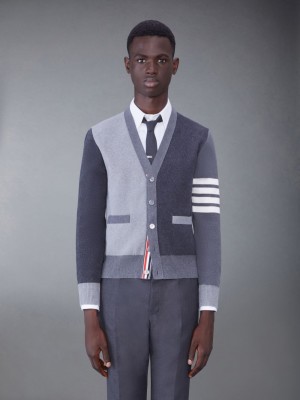 Thom Browne Tonal Cotton V-Neck 4-Bar メンズ カーディガン グレー | ROG52E87989