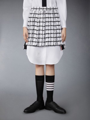 Thom Browne Windowpane Check Chiffon Tweed Fray Mini Pleated レディース スカート 白 | ACB31W77357