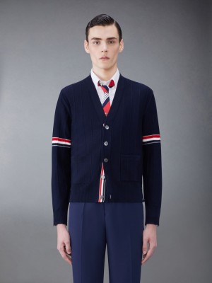 Thom Browne Wool Relaxed V-Neck Armband メンズ カーディガン 青 | SAT58Z52438