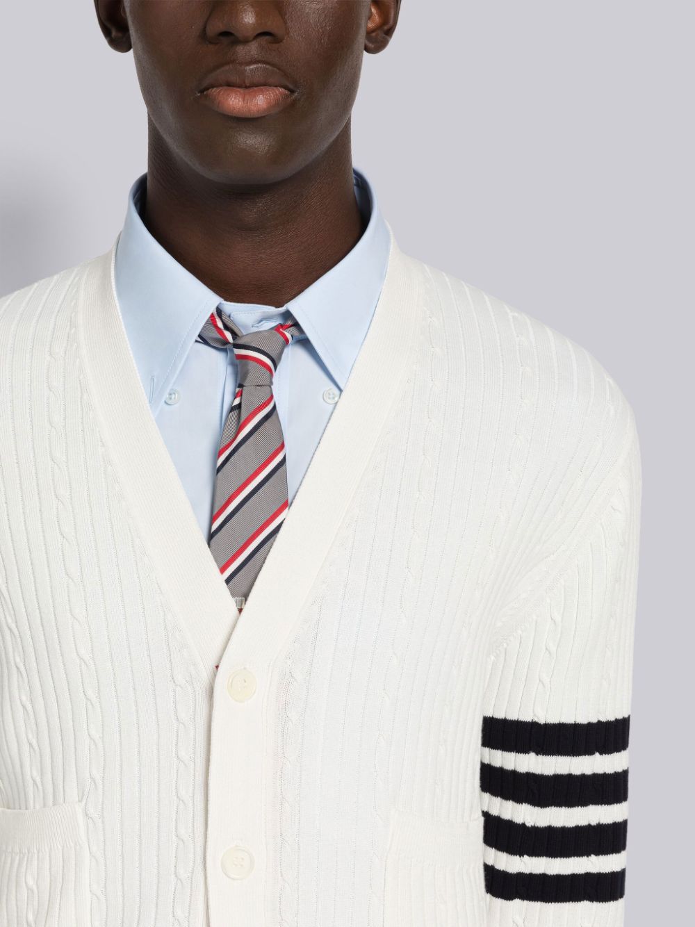 Thom Browne Baby Cable Rib Cotton 4-Bar V-Neck メンズ カーディガン 白 | WRR72V20783