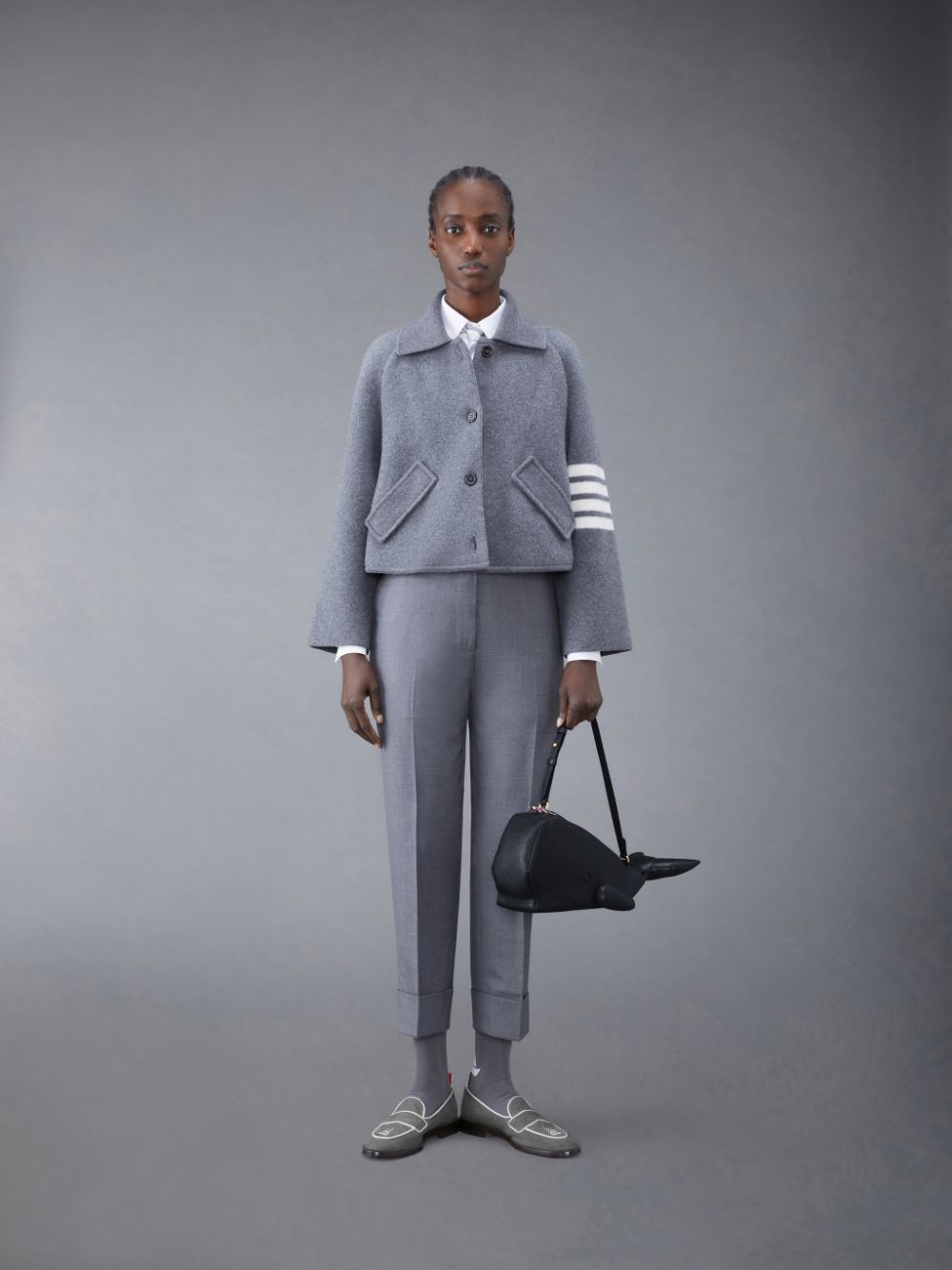 Thom Browne Boiled Wool Milano 4-Bar Cropped Car レディース コート グレー | LRL83I31524