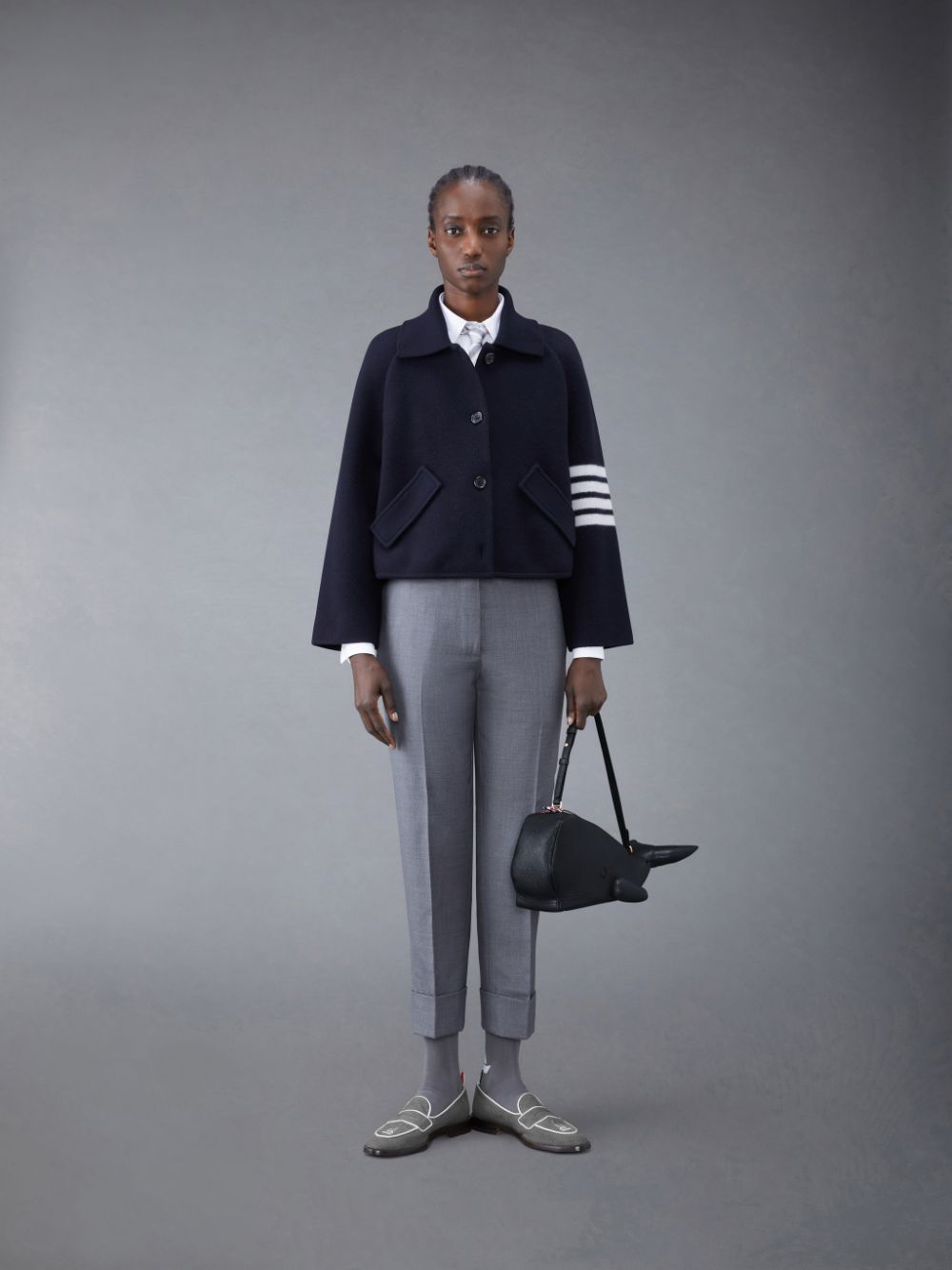 Thom Browne Boiled Wool Milano 4-Bar Cropped Car レディース コート 青 | DMW78I09029