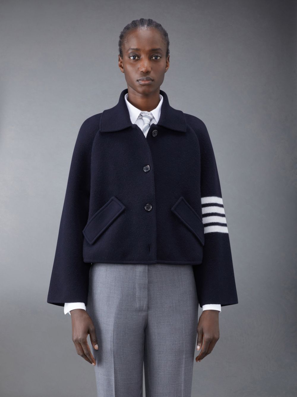 Thom Browne Boiled Wool Milano 4-Bar Cropped Car レディース コート 青 | DMW78I09029