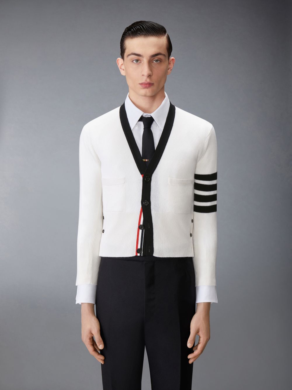 Thom Browne Cashmere Nevermore Intarsia 4-Bar Classic Short メンズ カーディガン 白 | GDQ49J80558