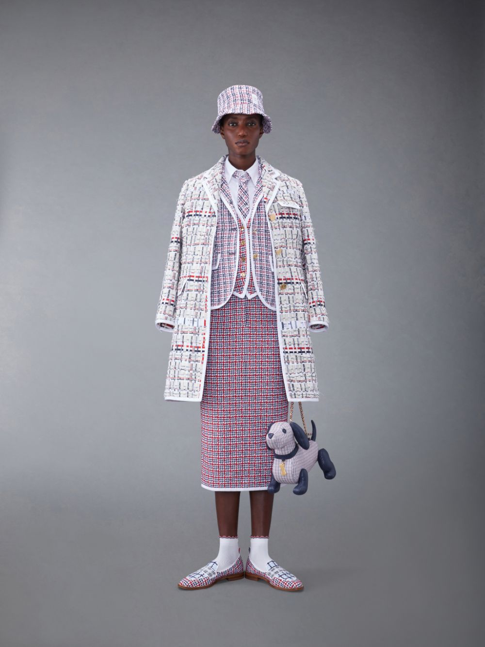 Thom Browne Check Crochet Tweed Slim Fit Sport レディース コート 白 | XSV49C00333
