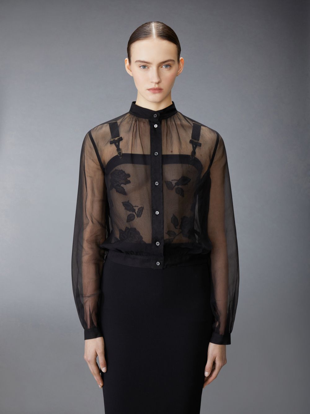 Thom Browne Chiffon Button Placket Gathered レディース シャツ 黒 | XPU73R08058