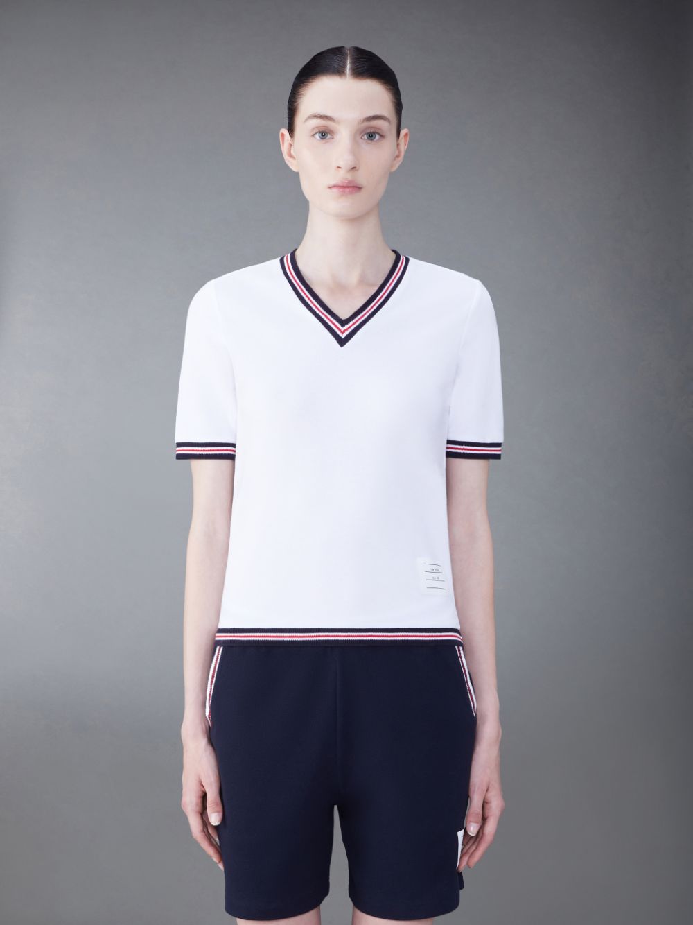 Thom Browne Classic Pique Stripe Short Sleeve V-Neck レディース Tシャツ 白 | HAS16P12677