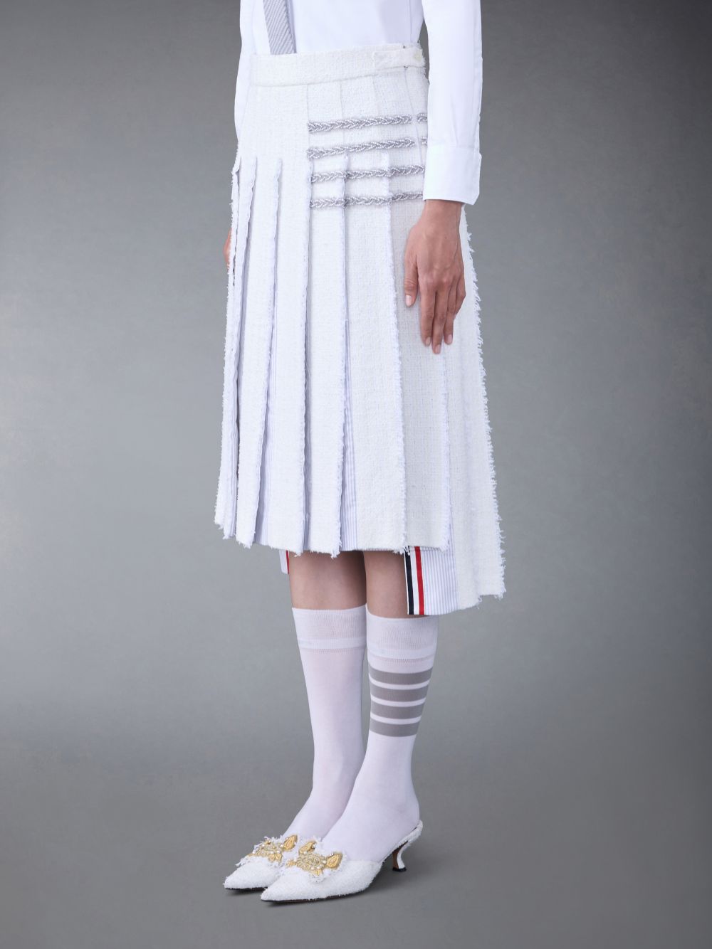 Thom Browne Classic Tweed Braided Tipping Pleated レディース スカート 白 | CWF57S80731