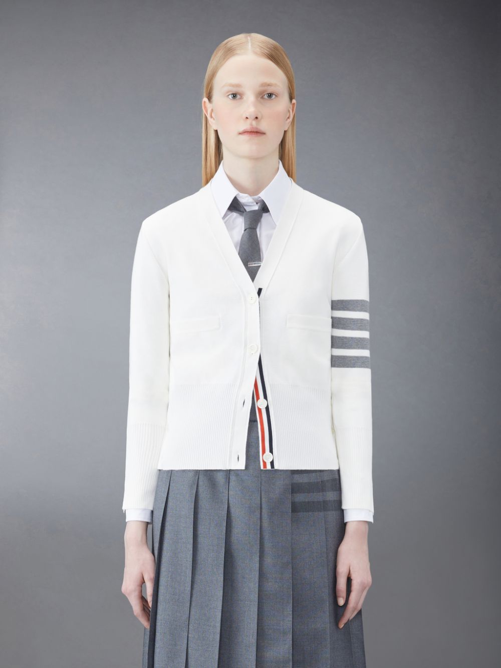 Thom Browne Cotton 4-Bar Milano Classic V-Neck レディース カーディガン 白 | WMT53C49494