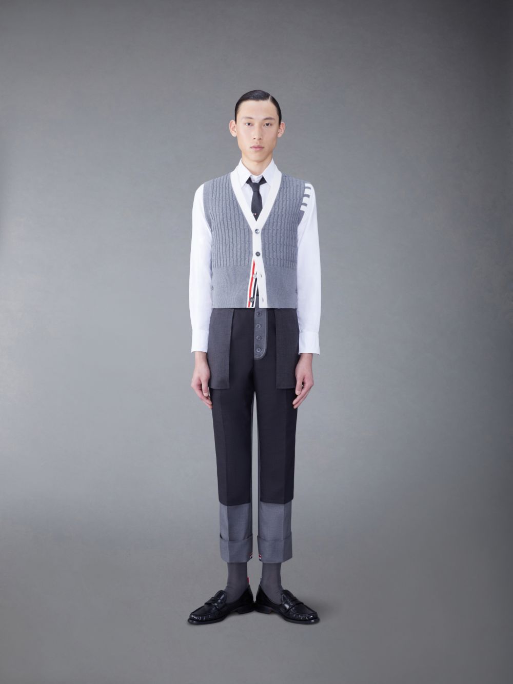 Thom Browne Cotton 4-Bar V-Neck Cable Cardigan メンズ ベスト グレー | JCZ79D52090