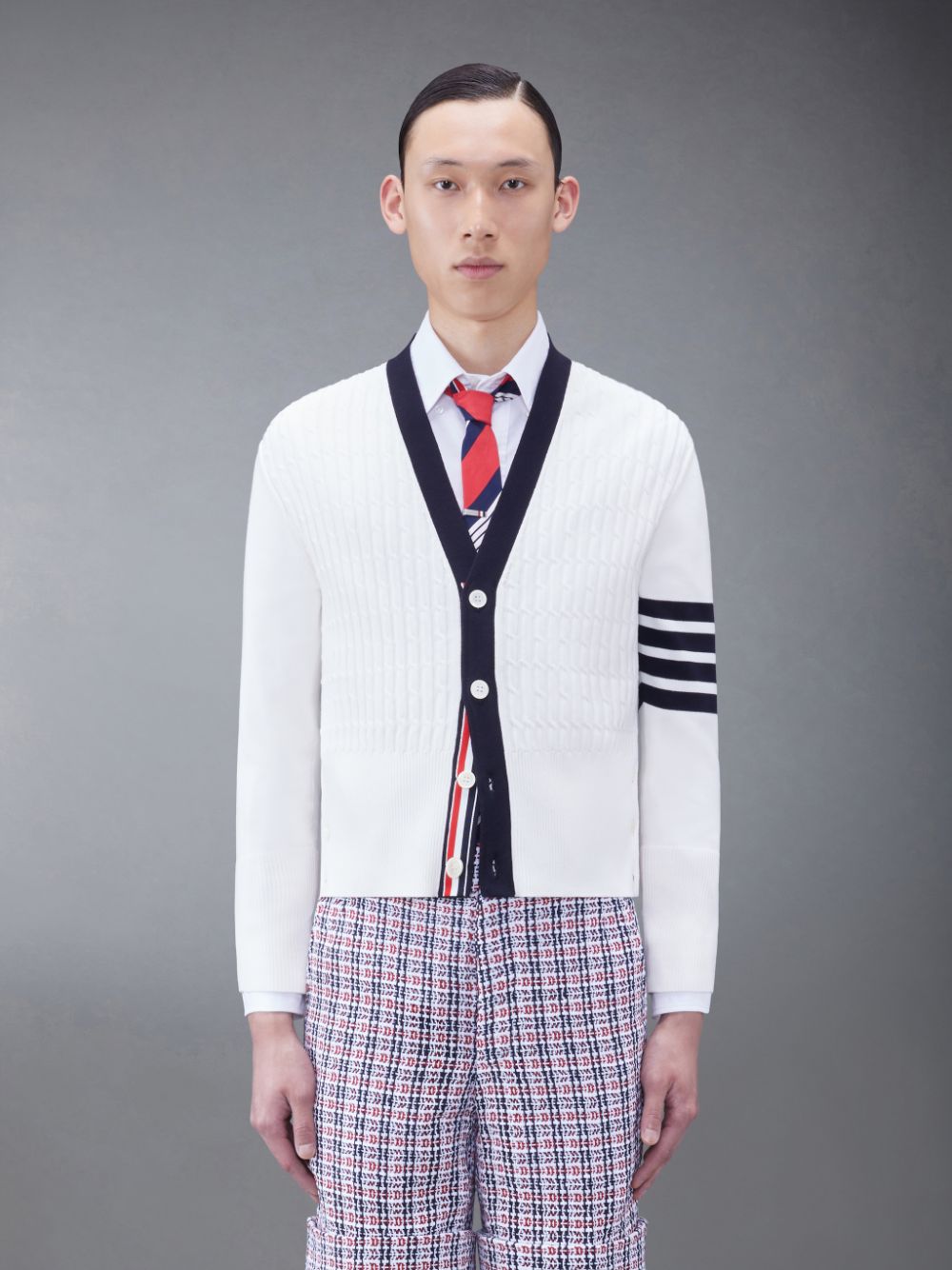 Thom Browne Cotton 4-Bar V-Neck Cable メンズ カーディガン 白 | IFB56J30791