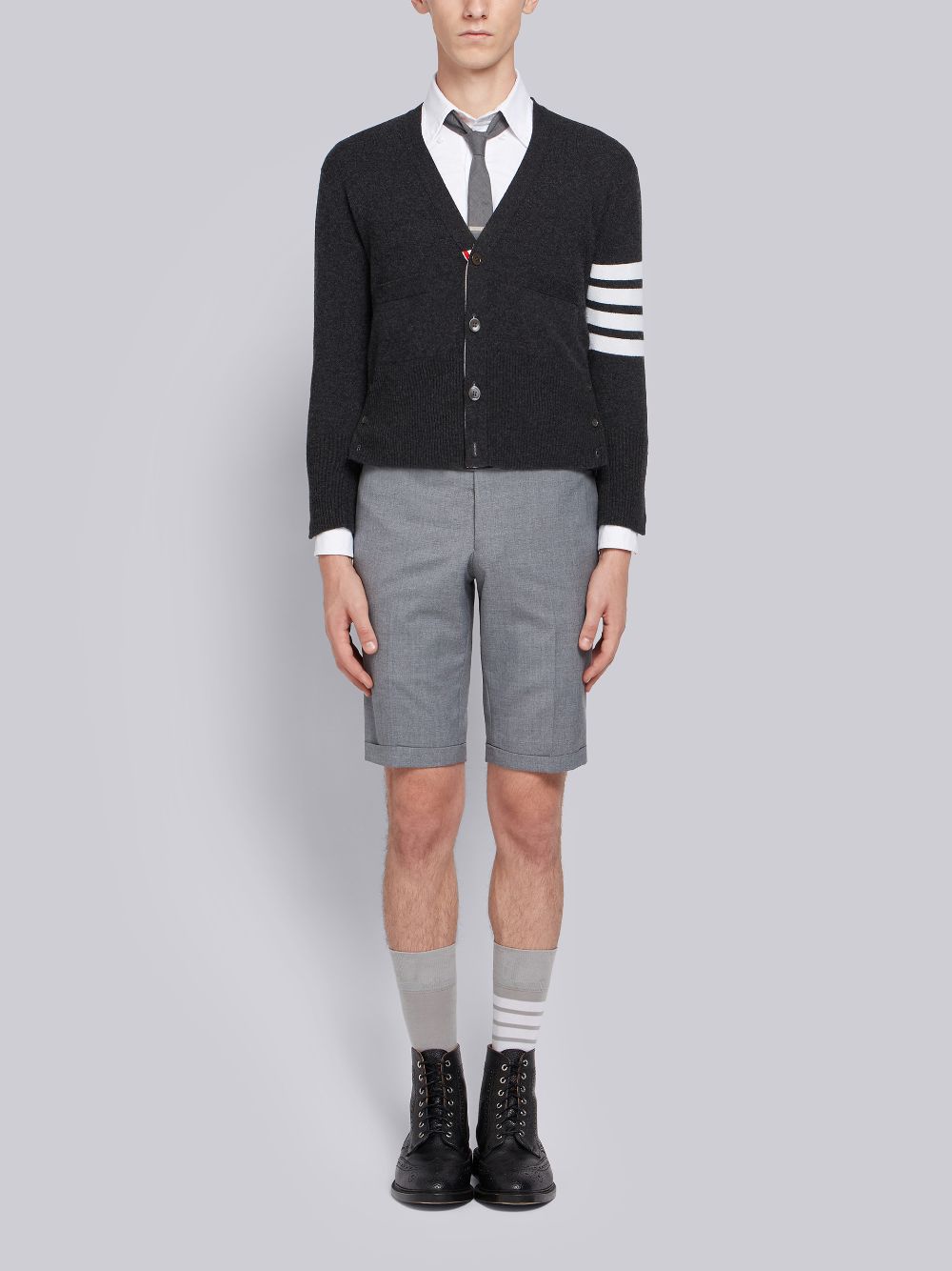 Thom Browne Dark Cashmere 4-Bar Short V-Neck メンズ カーディガン グレー | HPW91U30924