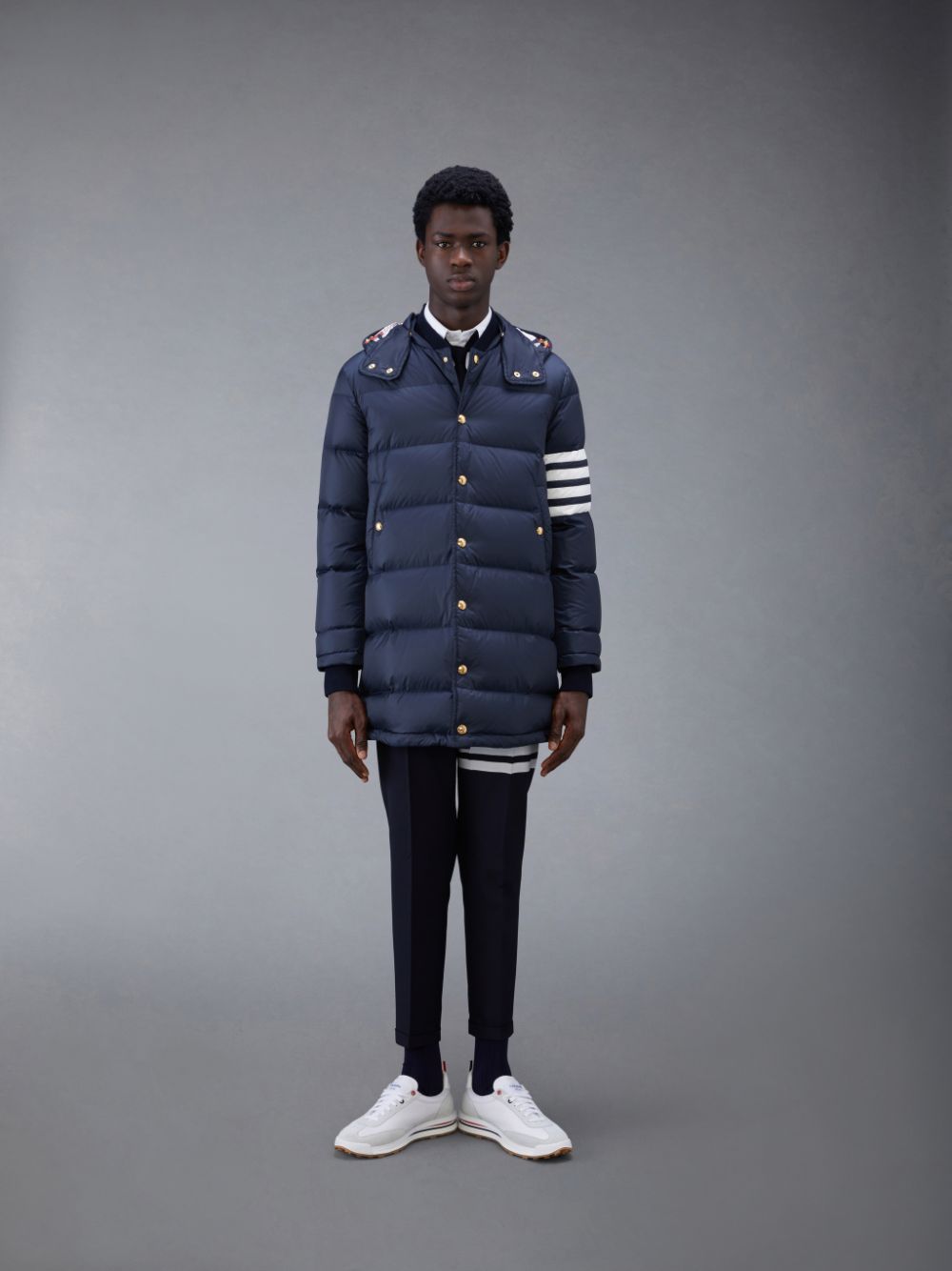 Thom Browne Downfilled Nylon 4-Bar Hooded メンズ コート 青 | EAY38X56639