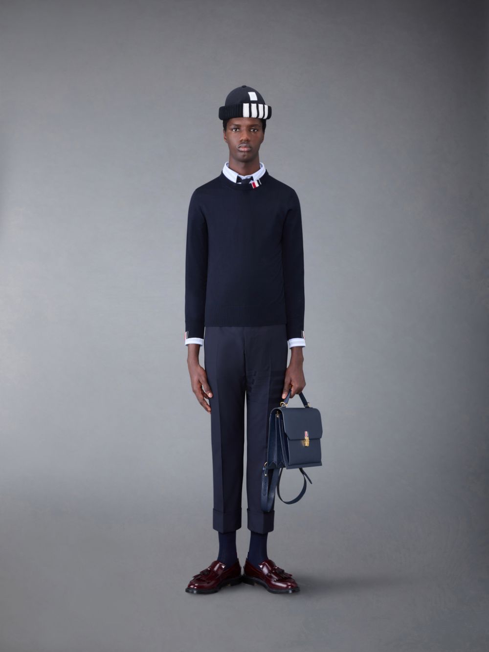 Thom Browne Fine Merino Jersey Stripe Relaxed Crew Neck メンズ プルオーバー 青 | ANB04U50355