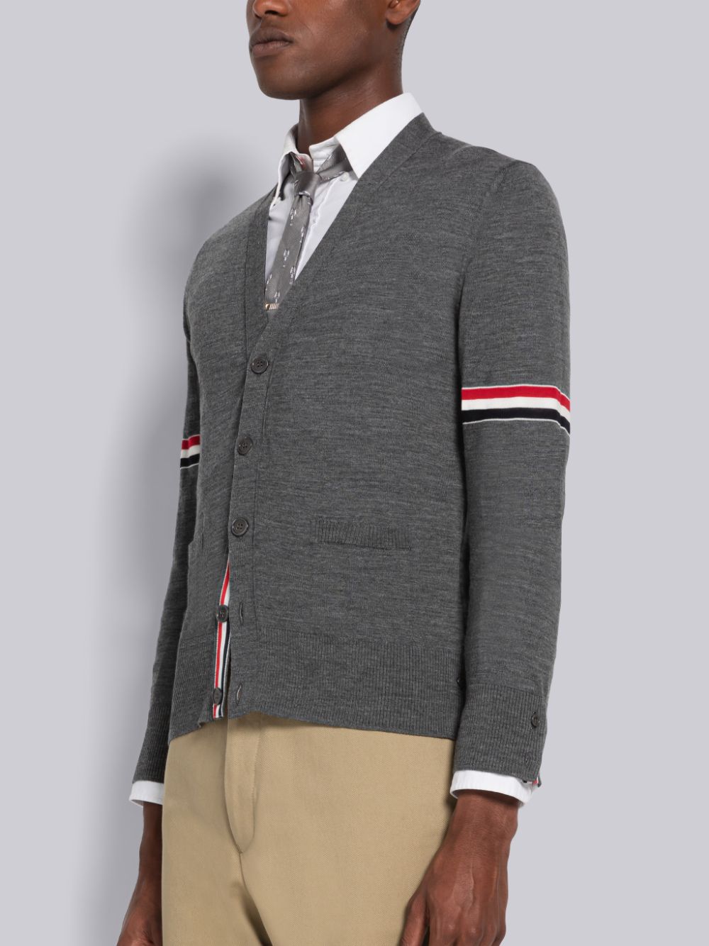 Thom Browne Fine Merino Stripe Relaxed V-Neck メンズ カーディガン グレー | IDI76P45160