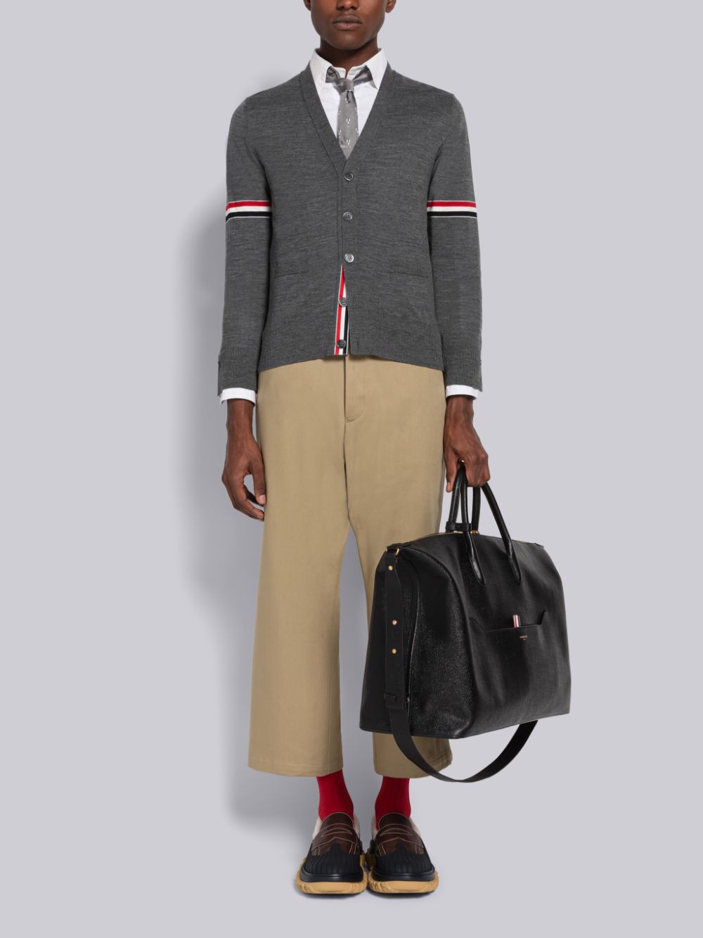 Thom Browne Fine Merino Stripe Relaxed V-Neck メンズ カーディガン グレー | IDI76P45160