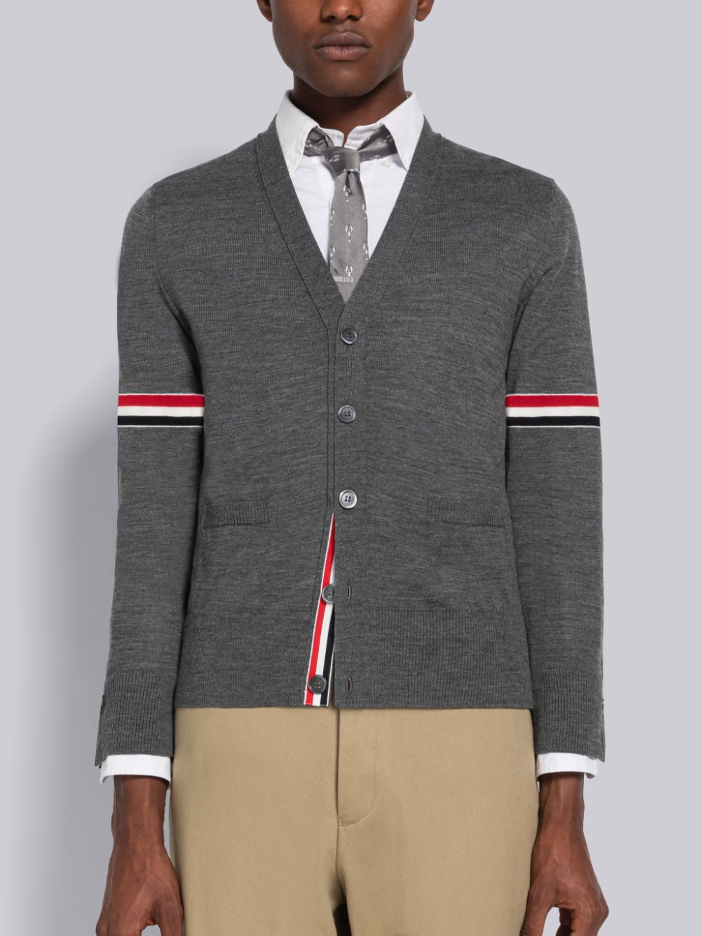 Thom Browne Fine Merino Stripe Relaxed V-Neck メンズ カーディガン グレー | IDI76P45160