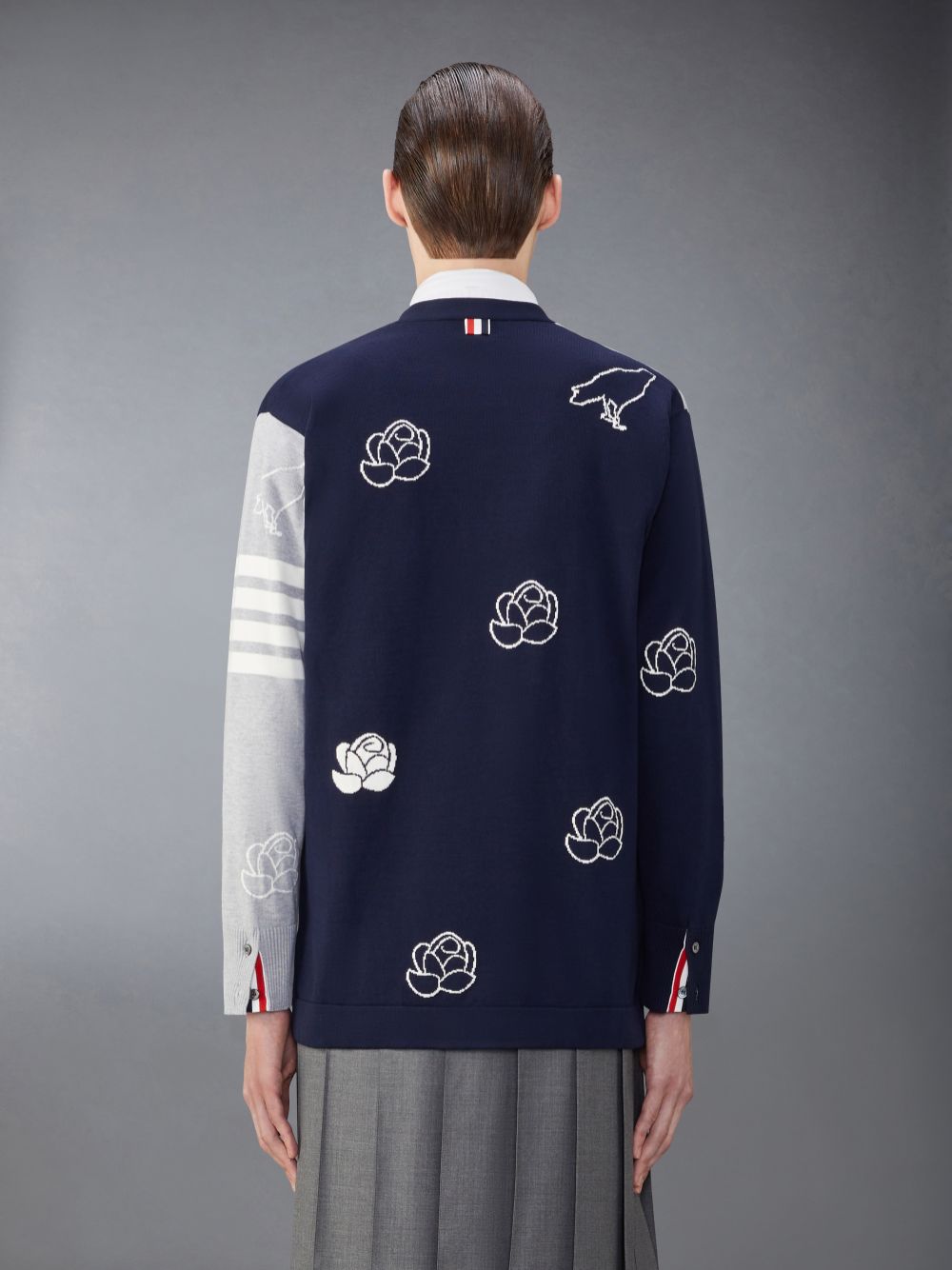 Thom Browne Funmix Cotton 4-Bar Rose and Raven メンズ カーディガン 青 | NPB10D87375