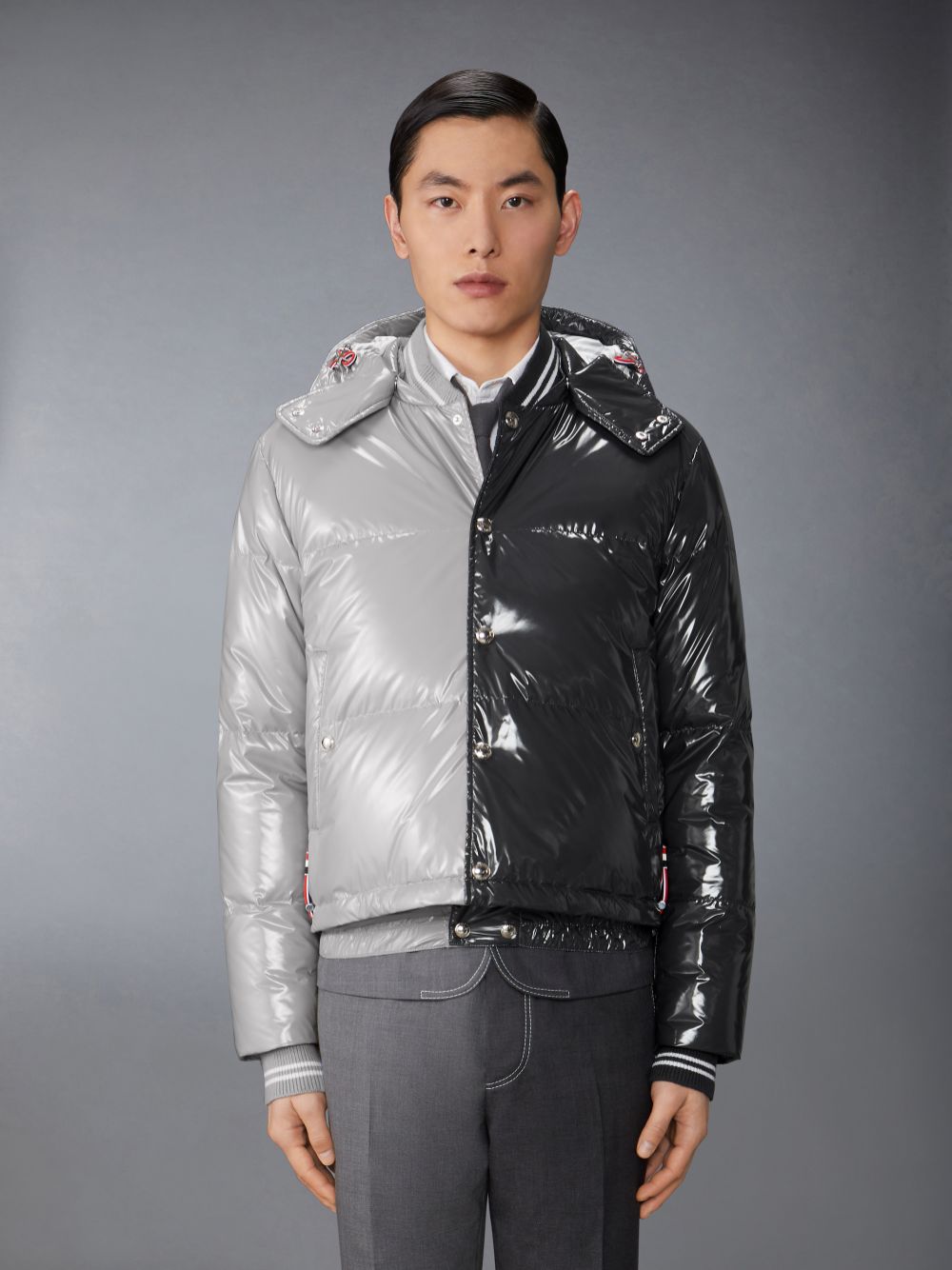 Thom Browne Funmix Glossy Tech Down Fill Detachable Hood Bomber メンズ ジャケット グレー | FOS38R01095