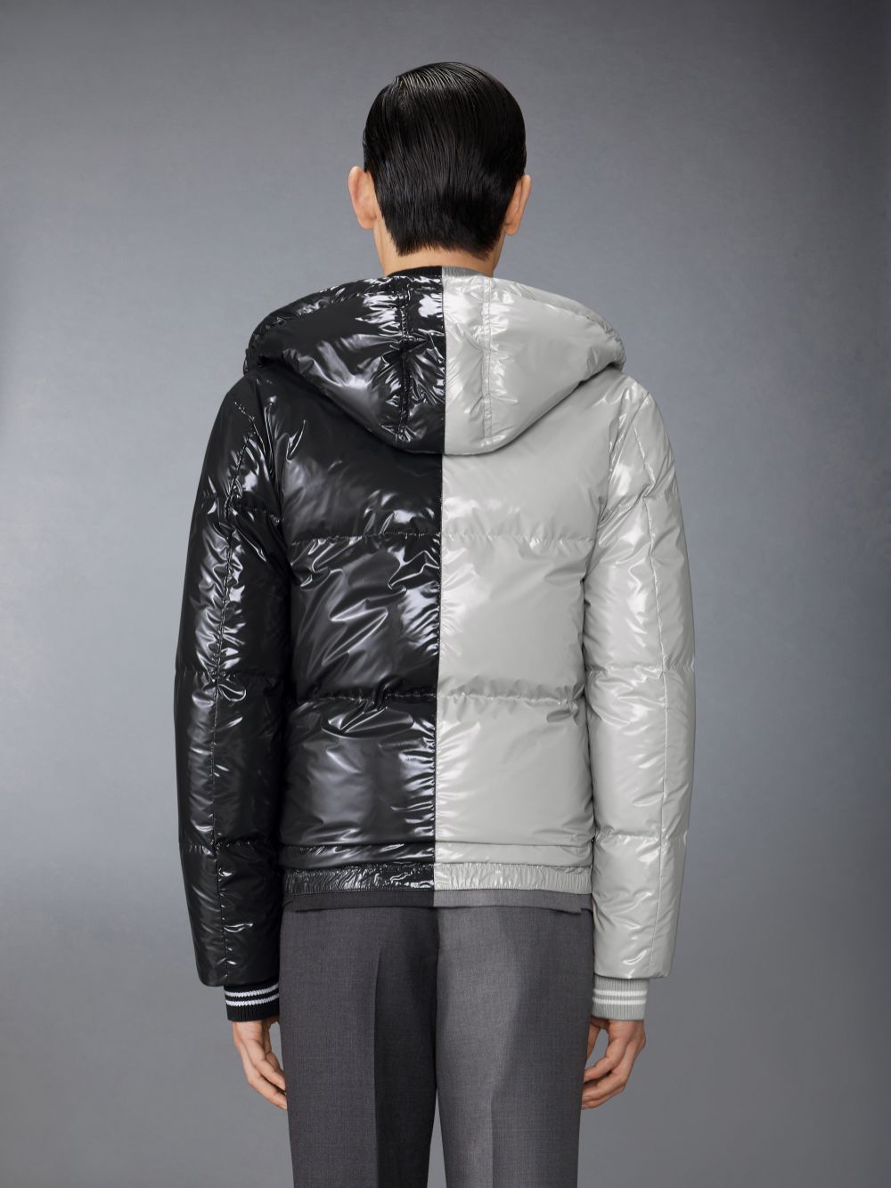 Thom Browne Funmix Glossy Tech Down Fill Detachable Hood Bomber メンズ ジャケット グレー | FOS38R01095
