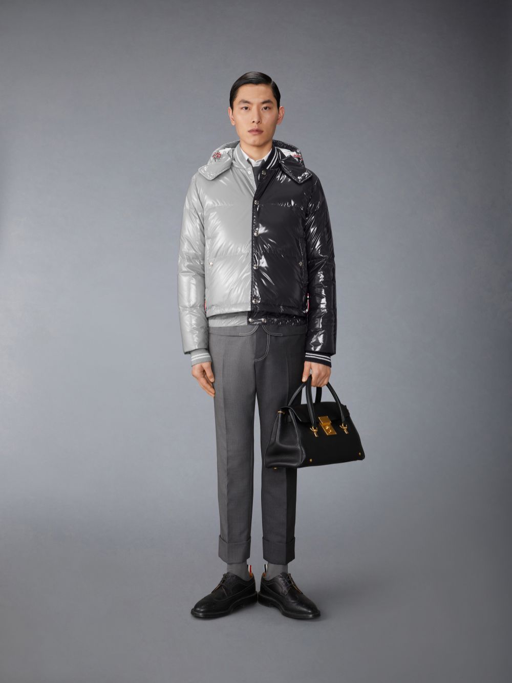 Thom Browne Funmix Glossy Tech Down Fill Detachable Hood Bomber メンズ ジャケット グレー | FOS38R01095