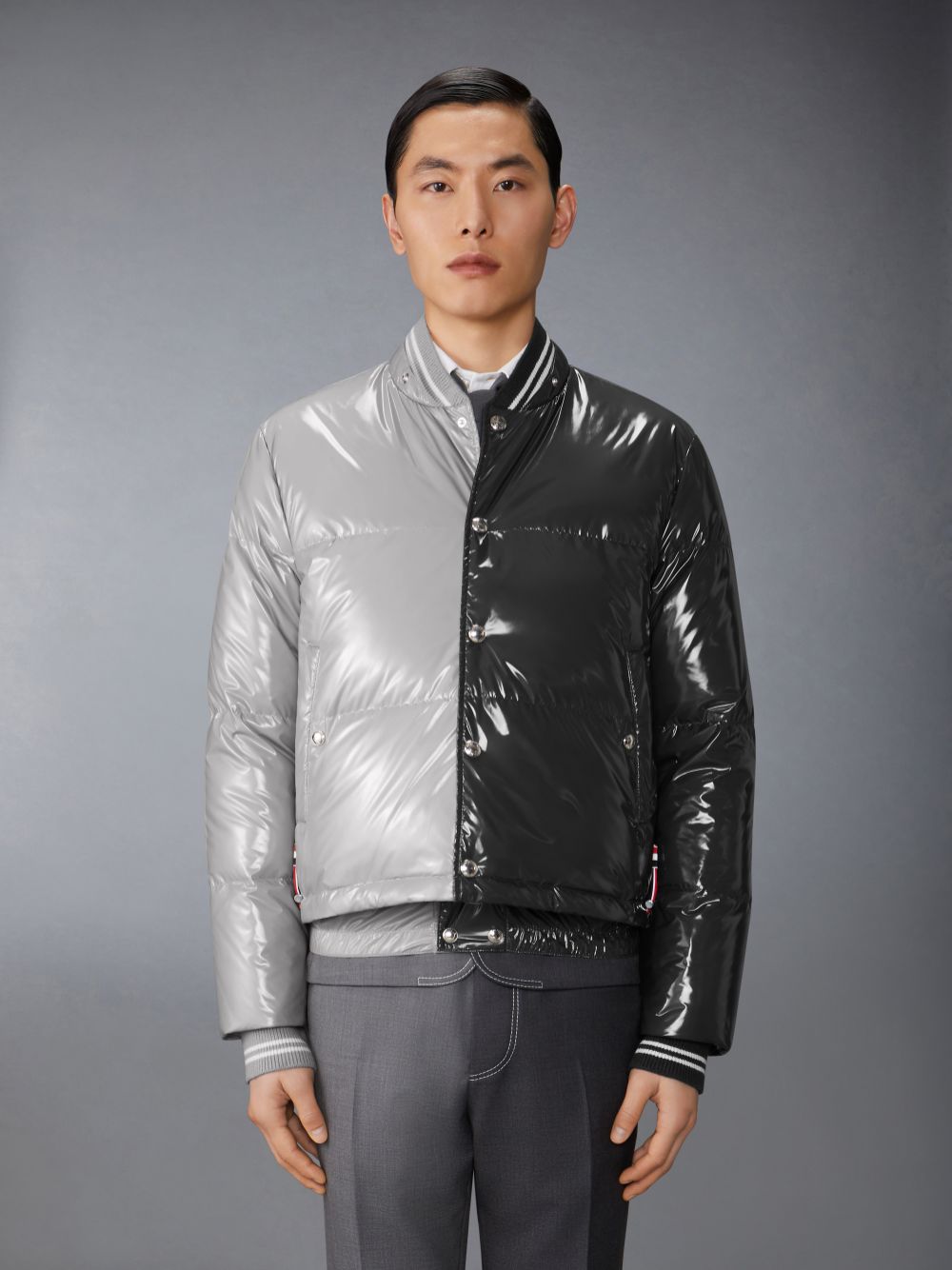 Thom Browne Funmix Glossy Tech Down Fill Detachable Hood Bomber メンズ ジャケット グレー | FOS38R01095