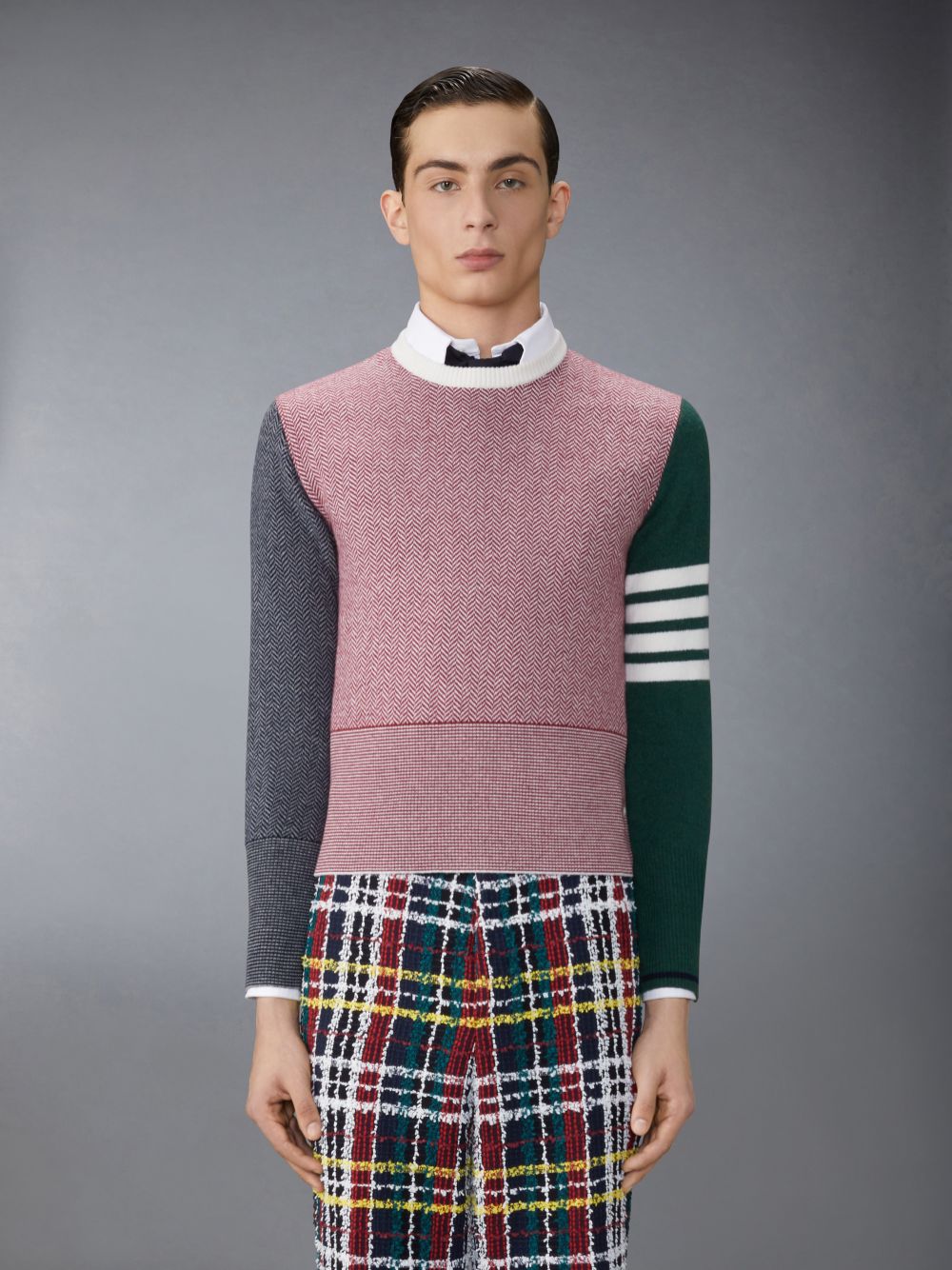 Thom Browne Funmix Merino Wool Herringbone Float Jacquard 4-Bar Classic Crew Neck メンズ プルオーバー 赤 | RZS71J39192