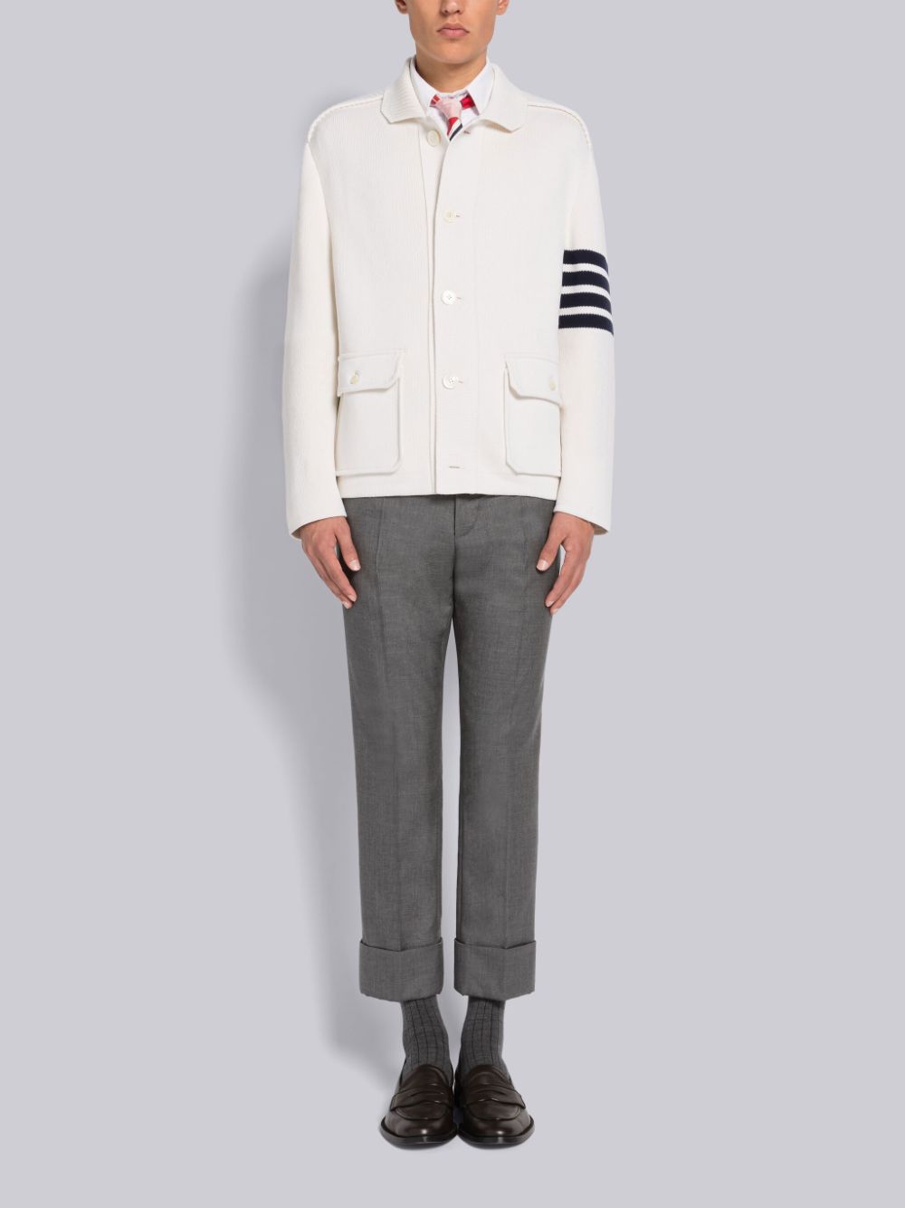 Thom Browne INTERLOCK STITCH COTTON CASHMERE 4-BAR POLO COLLAR メンズ ジャケット 白 | MWJ17M02470