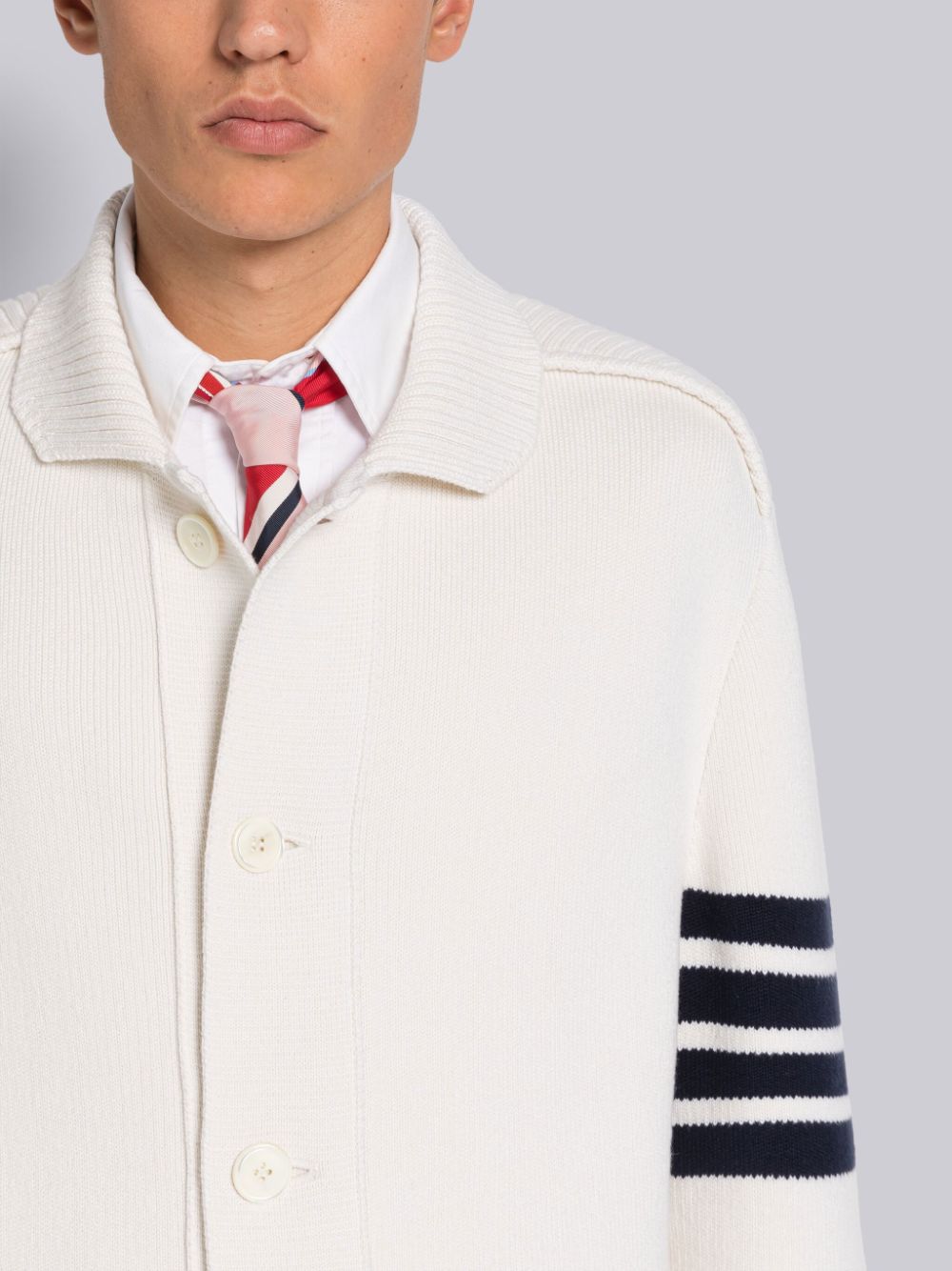 Thom Browne INTERLOCK STITCH COTTON CASHMERE 4-BAR POLO COLLAR メンズ ジャケット 白 | MWJ17M02470