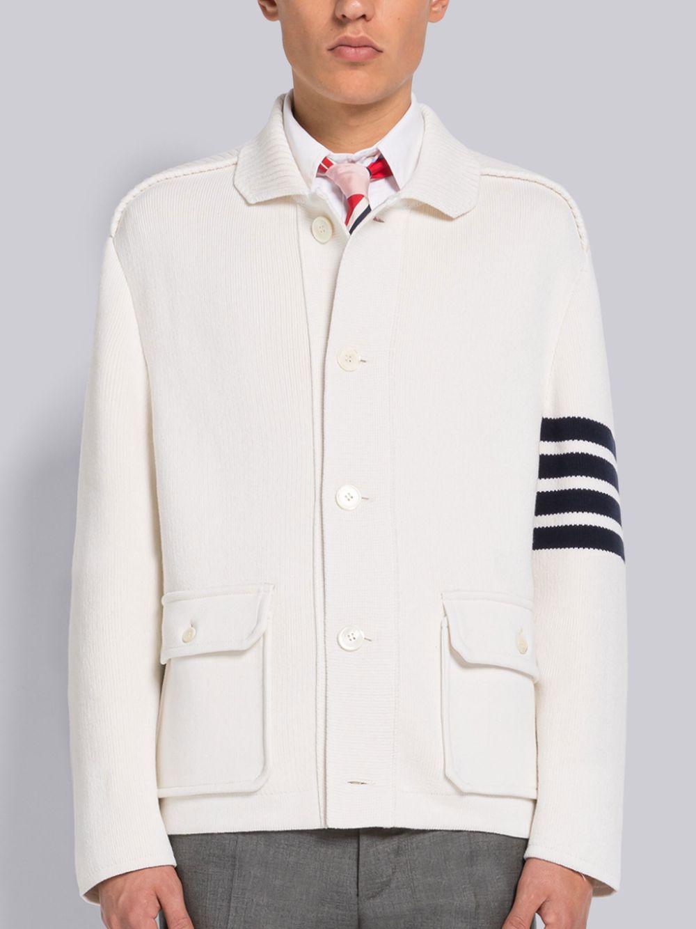 Thom Browne INTERLOCK STITCH COTTON CASHMERE 4-BAR POLO COLLAR メンズ ジャケット 白 | MWJ17M02470
