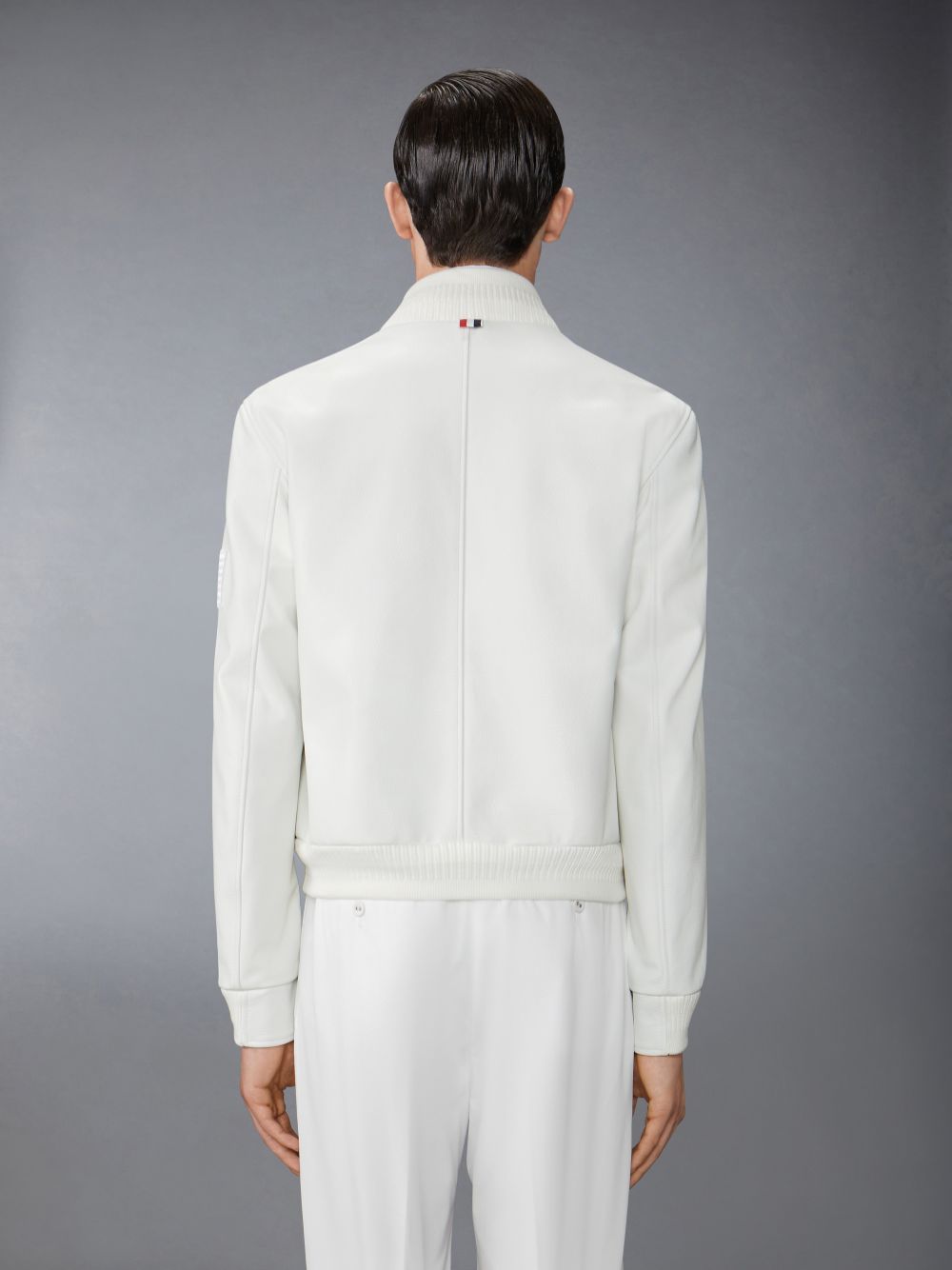 Thom Browne Lamb Grained Leather and Knit Rib Flag Patch Blouson メンズ ジャケット 白 | NFN87J76042