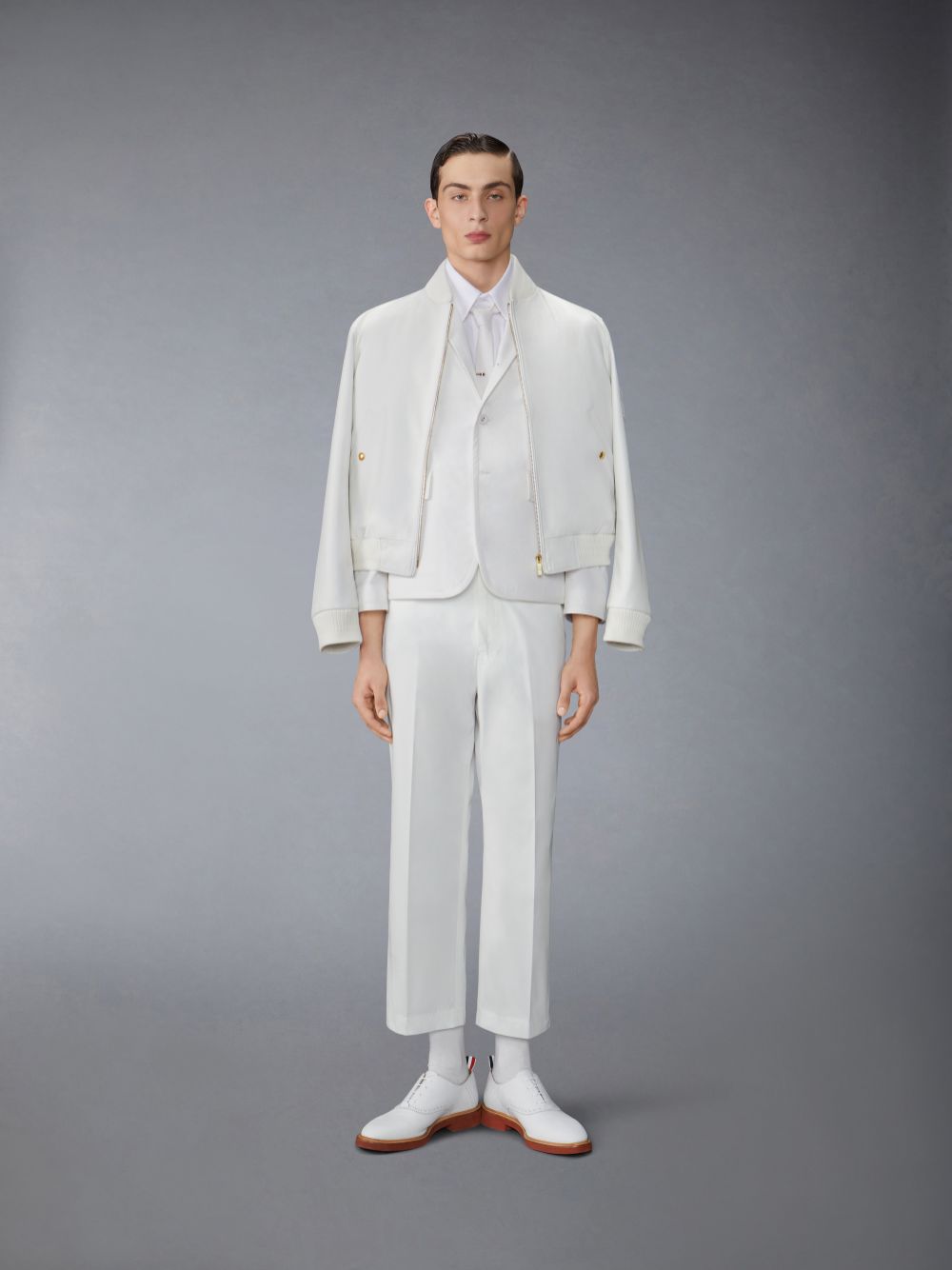 Thom Browne Lamb Grained Leather and Knit Rib Flag Patch Blouson メンズ ジャケット 白 | NFN87J76042