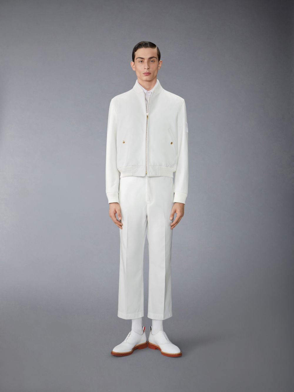Thom Browne Lamb Grained Leather and Knit Rib Flag Patch Blouson メンズ ジャケット 白 | NFN87J76042