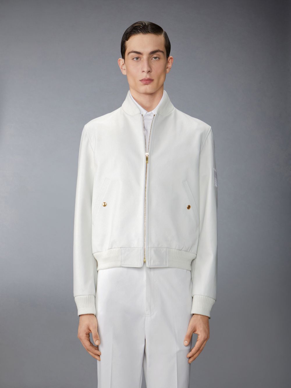 Thom Browne Lamb Grained Leather and Knit Rib Flag Patch Blouson メンズ ジャケット 白 | NFN87J76042