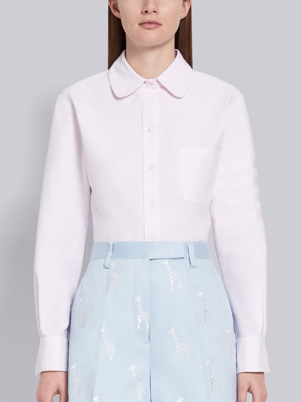 Thom Browne Light Pink Supima Cotton Oxford Satin Weave 4-Bar Long Sleeve Round Collar レディース シャツ ピンク | BNB95Y79979