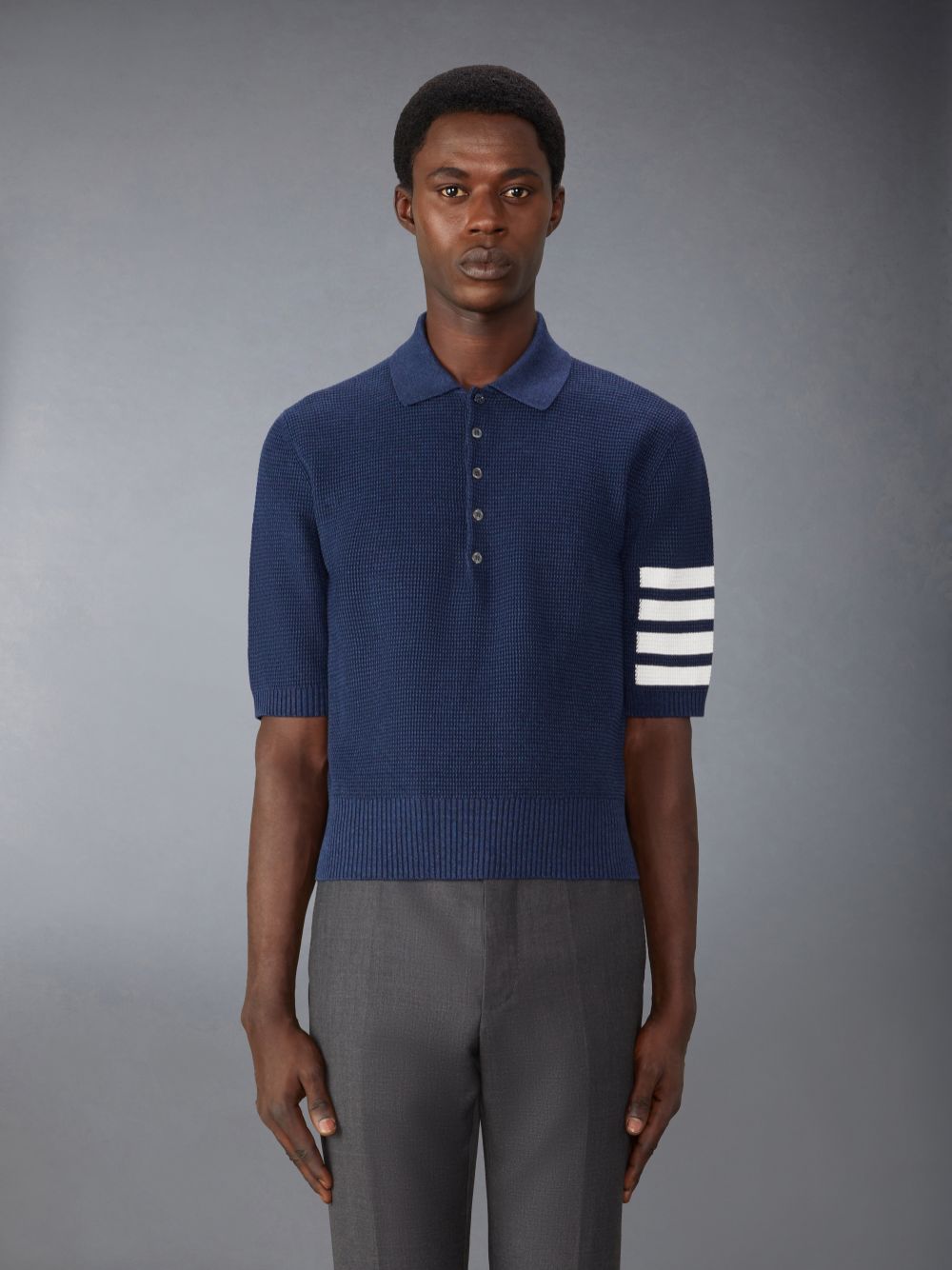 Thom Browne Linen Cotton 4-Bar Relaxed Fit メンズ ポロシャツ 青 | YGQ85R93110