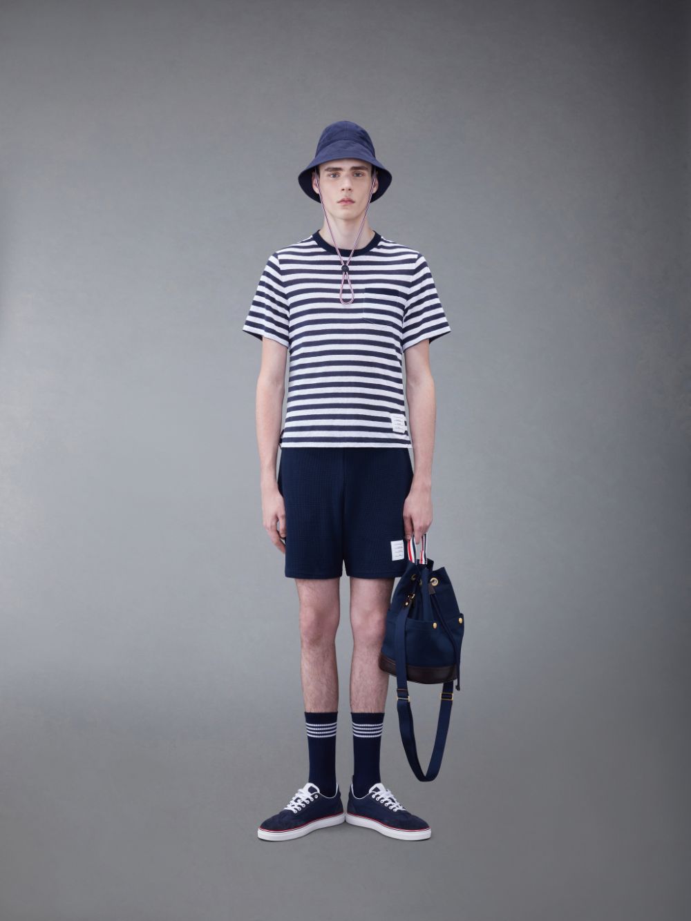 Thom Browne Linen Jersey Short Sleeve Striped Pocket メンズ Tシャツ 青 | MQQ83D75018