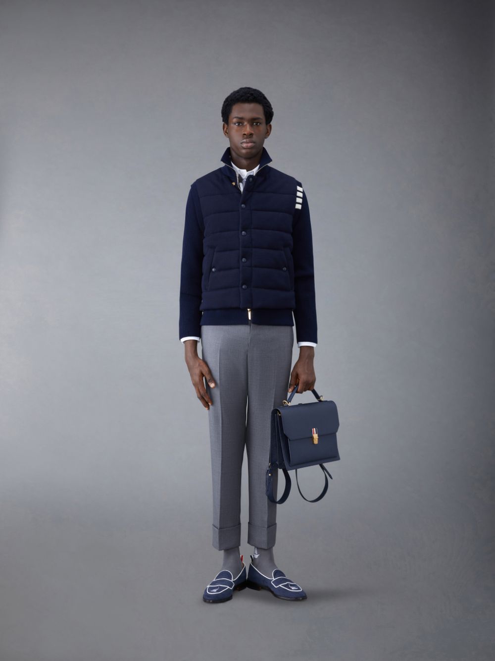 Thom Browne MERINO AND JERSEY PADDED REVERSIBLE 4-BAR FUNNEL NECK メンズ ジャケット 青 | LBL79D02767