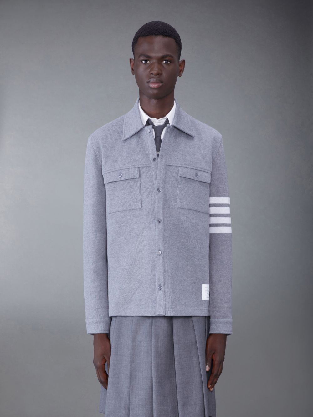 Thom Browne Medium Double Face Cotton Knit 4-Bar Button Down Shirt メンズ ジャケット グレー | TLH24O64092