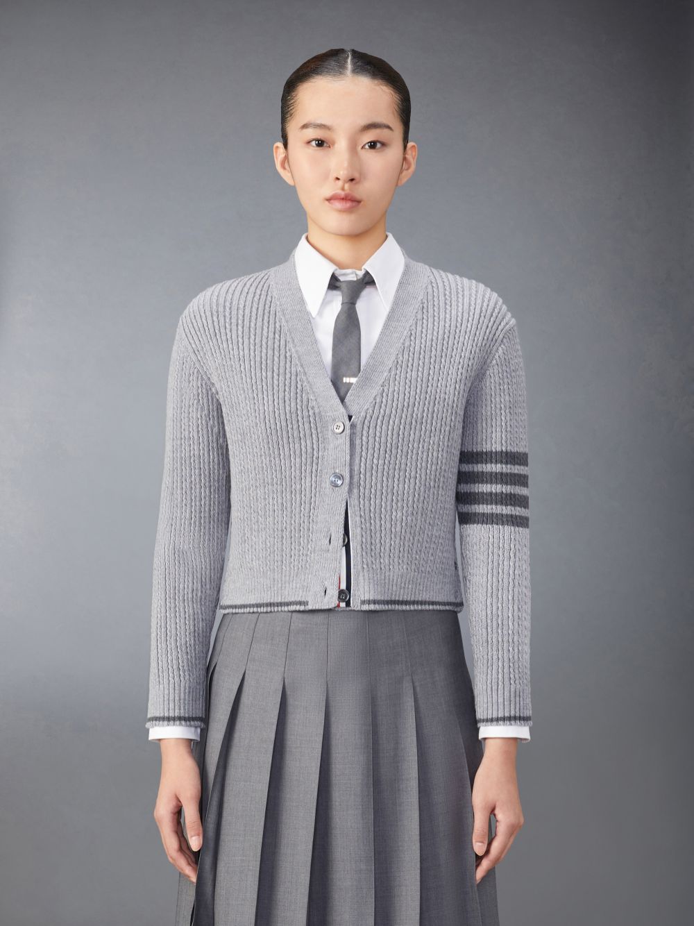 Thom Browne Merino Wool 4-Bar Cropped レディース カーディガン グレー | XHW15G55413