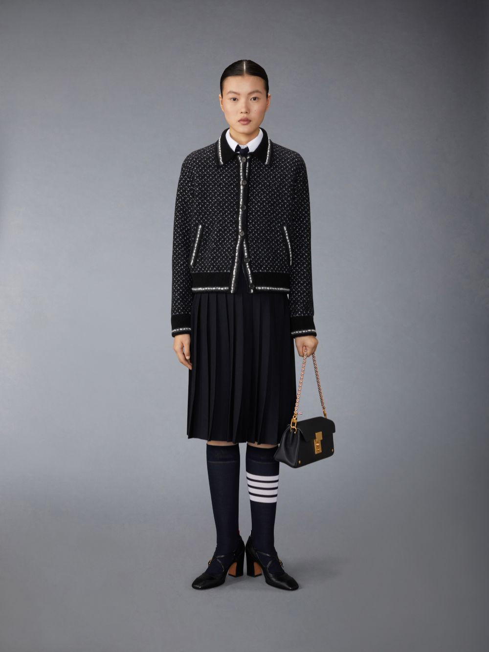 Thom Browne Merino Wool Boucle and Mohair Tweed Jacquard Polo Collar Bomber レディース ジャケット 黒 | BGC92F37532