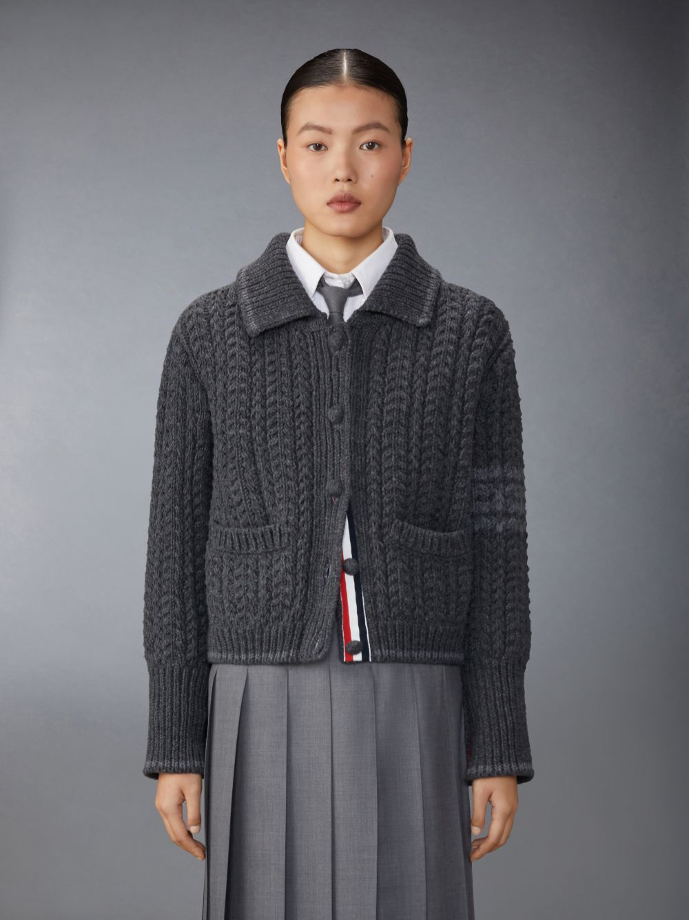 Thom Browne Merino Wool Chunky Links Stitch 4-Bar Polo Cardigan レディース ジャケット グレー | UJR64I38210