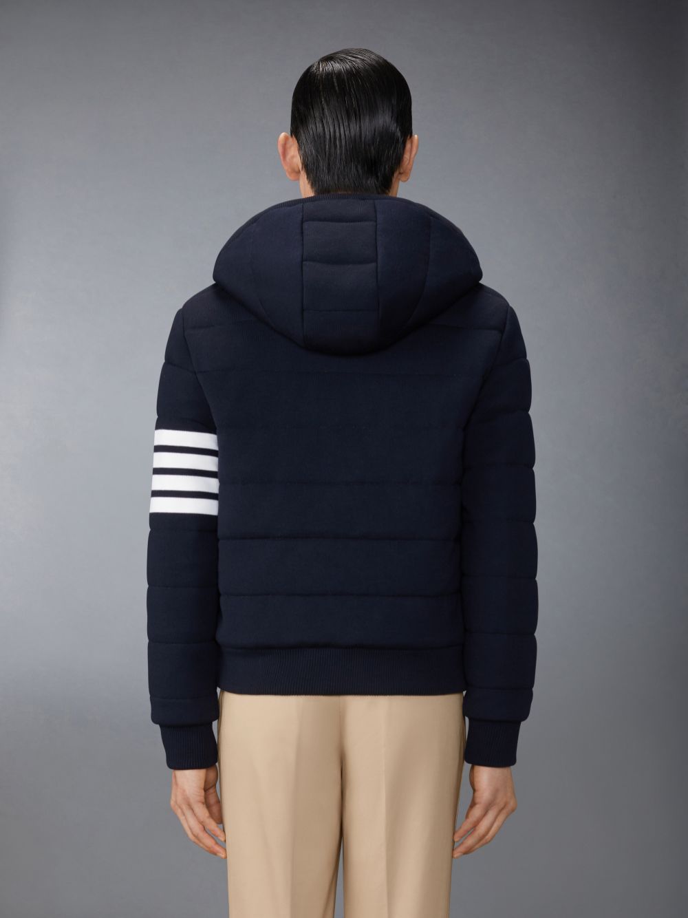 Thom Browne Merino Wool Jersey Stitch Padded 4-Bar Zip up Hoodie メンズ ジャケット 青 | RAN53I76950