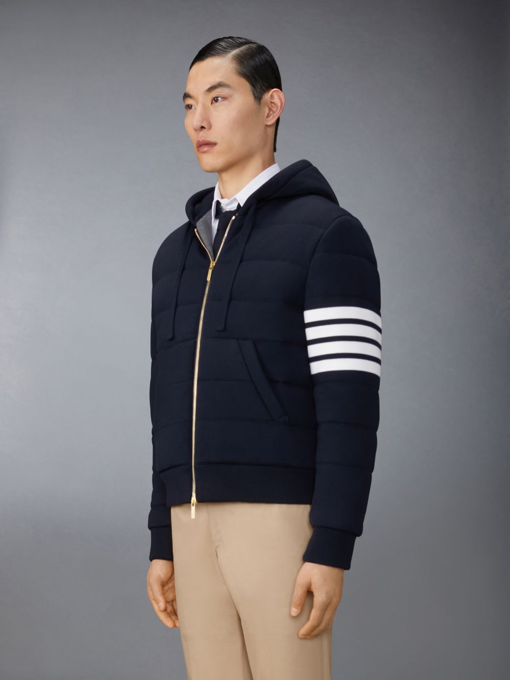 Thom Browne Merino Wool Jersey Stitch Padded 4-Bar Zip up Hoodie メンズ ジャケット 青 | RAN53I76950