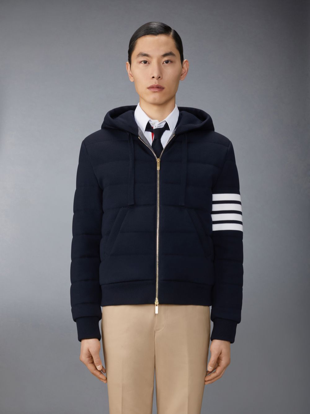 Thom Browne Merino Wool Jersey Stitch Padded 4-Bar Zip up Hoodie メンズ ジャケット 青 | RAN53I76950