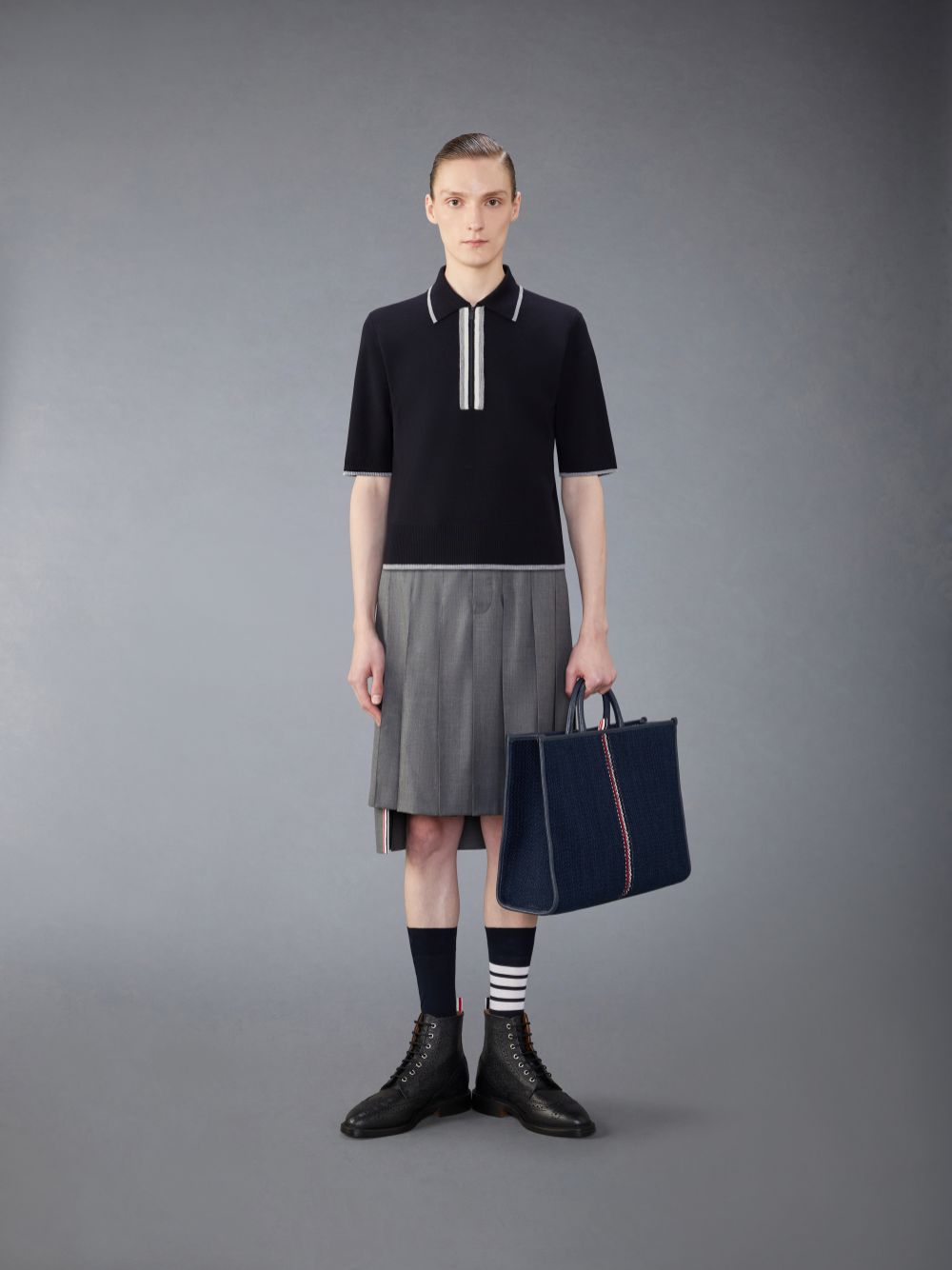 Thom Browne Merino Wool Milano Stitch Zip up メンズ ポロシャツ 青 | RQN41H62981